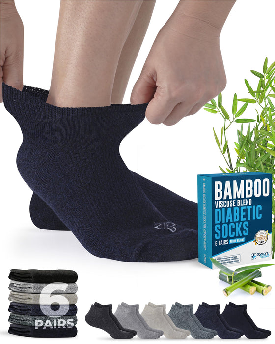 Doctor's Select Viscose Bamboo Ankle Diabetic Socks for Women and Men - 6 Pairs | Super Soft, Non Binding, Loose Wide Top