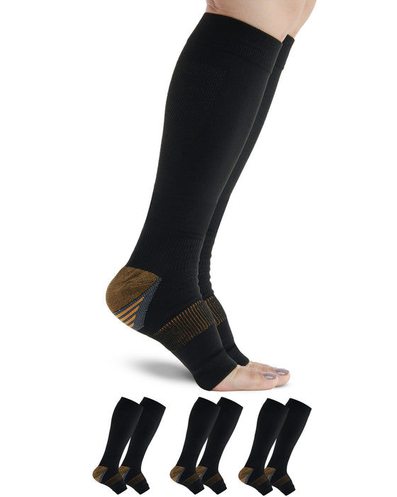 Doctor's Select 3 Pairs Copper Toeless Compression Socks Women & Men - 20-30 mmHg Open Toe Compression Socks Knee High Women