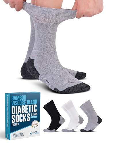 Doctor's Select Bamboo Viscose Diabetic Socks for Men - 3 Pairs Crew Diabetic Neuropathy Socks for Men | Mens Diabetic Socks