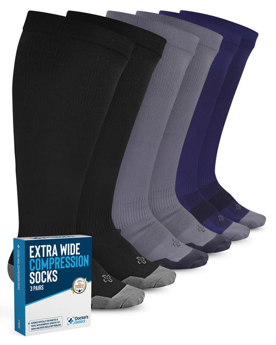 Doctor's Select 3 Pairs Plus Size Compression Socks Wide Calf - Up to 6XL | 20-30 mmHg Compression Socks for Women Wide Calf