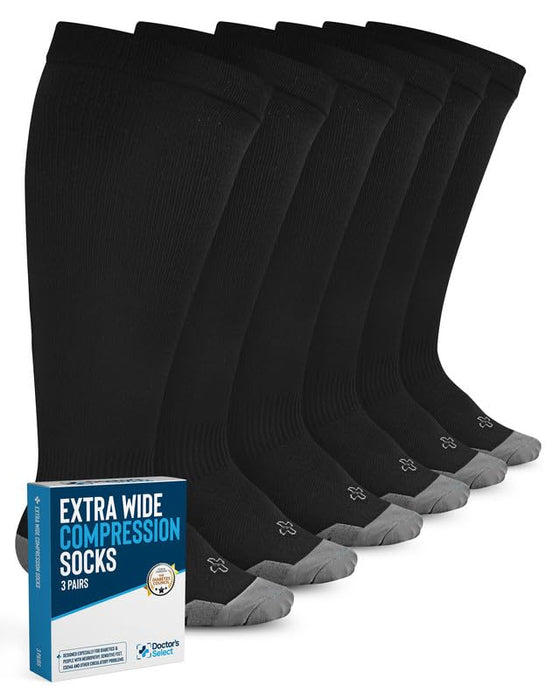 Doctor's Select 3 Pairs Plus Size Compression Socks Wide Calf - Up to 6XL | 20-30 mmHg Compression Socks for Women Wide Calf