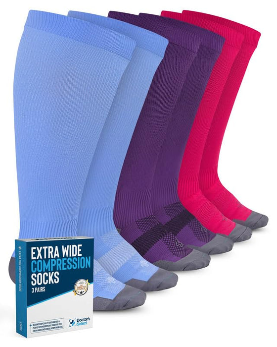 Doctor's Select 3 Pairs Plus Size Compression Socks Wide Calf - Up to 6XL | 20-30 mmHg Compression Socks for Women Wide Calf