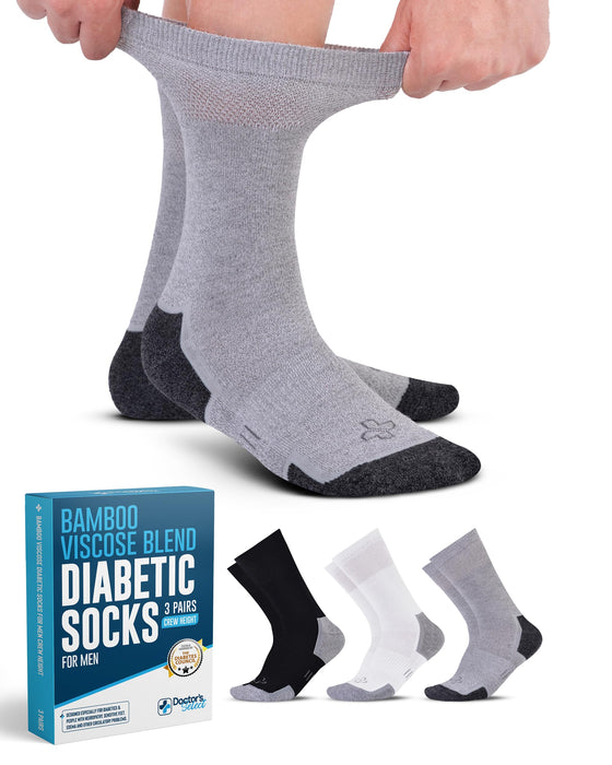 Doctor's Select Bamboo Viscose Diabetic Socks for Men - 3 Pairs Crew Diabetic Neuropathy Socks for Men | Mens Diabetic Socks