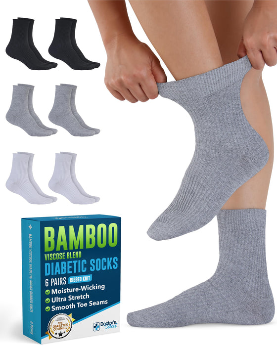 Doctor's Select Bamboo Viscose Diabetic Socks for Women & Men - 6 Pairs Non Binding Viscose Bamboo Socks for Swollen Feet