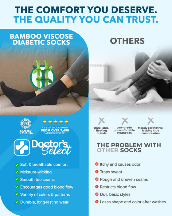 Doctor's Select Bamboo Viscose Diabetic Socks for Women & Men - 6 Pairs Non Binding Viscose Bamboo Socks for Swollen Feet