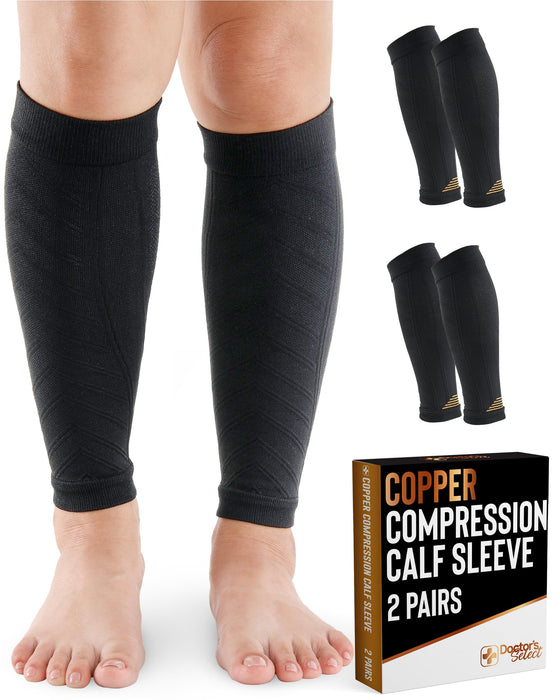 Doctor's Select 2 Pairs Copper Calf Compression Sleeve - Leg Compression Sleeves for Women & Men, Shin Splint Relief