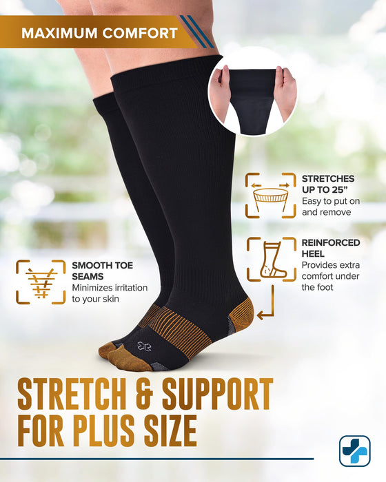 Doctor's Select Copper Plus Size Compression Socks Wide Calf - 2 Pairs | 20-30mmHg Extra Wide Calf Compression Socks Women