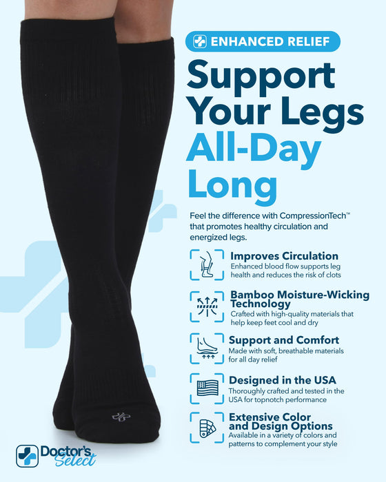 Doctor's Select Bamboo Viscose Light Compression Socks for Women & Men - 3 Pairs, 8-15 mmHg Compression Socks, Knee High
