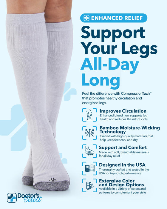 Doctor's Select Bamboo Viscose Light Compression Socks for Women & Men - 3 Pairs, 8-15 mmHg Compression Socks, Knee High