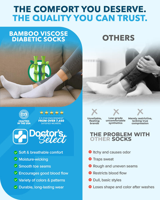 Doctor's Select Bamboo Viscose Diabetic Socks for Women & Men - 6 Pairs Non Binding Viscose Bamboo Socks for Swollen Feet