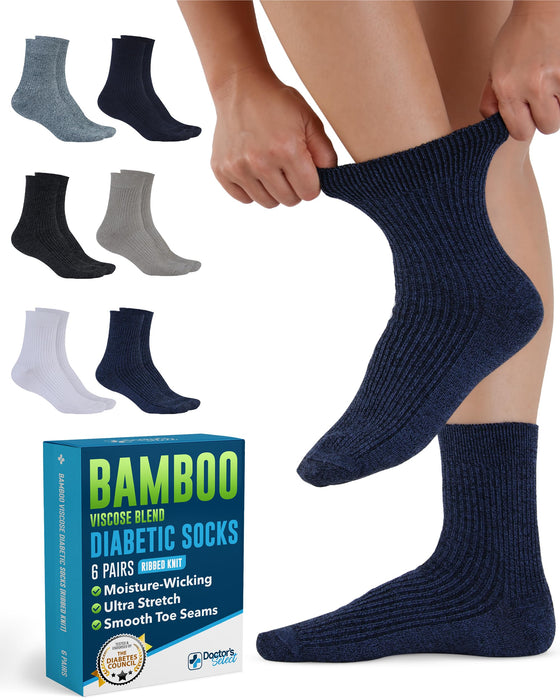 Doctor's Select Bamboo Viscose Diabetic Socks for Women & Men - 6 Pairs Non Binding Viscose Bamboo Socks for Swollen Feet