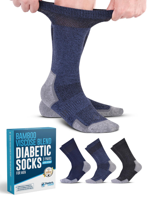 Doctor's Select Bamboo Viscose Diabetic Socks for Men - 3 Pairs Crew Diabetic Neuropathy Socks for Men | Mens Diabetic Socks