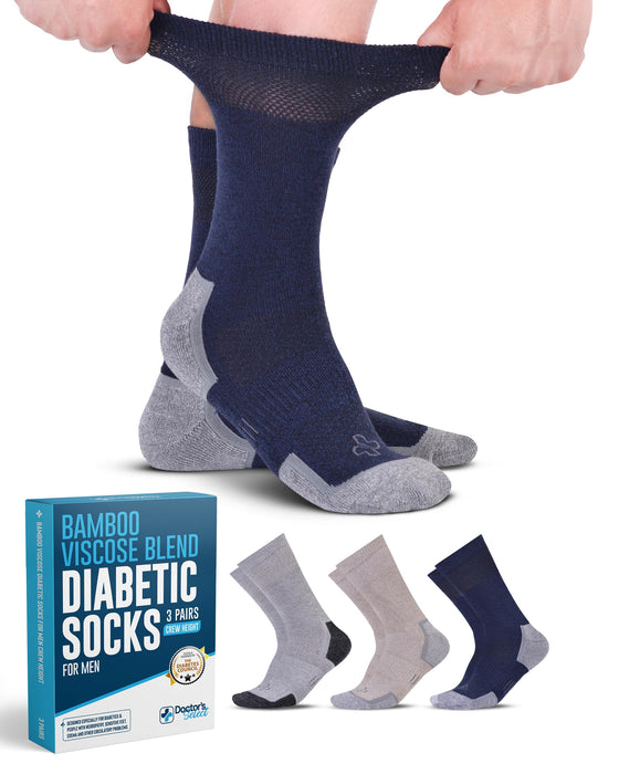 Doctor's Select Bamboo Viscose Diabetic Socks for Men - 3 Pairs Crew Diabetic Neuropathy Socks for Men | Mens Diabetic Socks