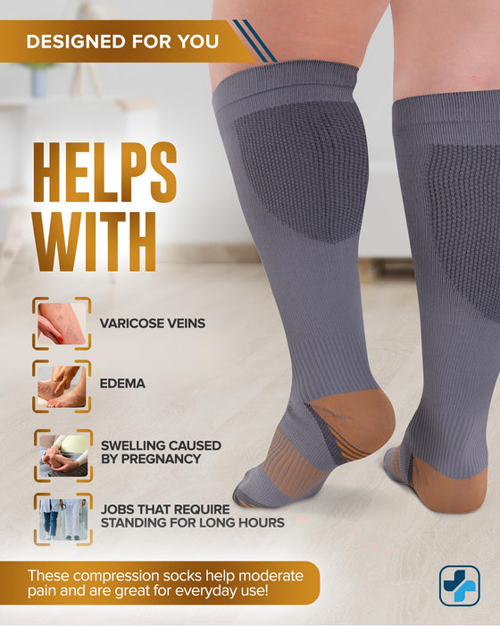 Doctor's Select Copper Plus Size Compression Socks Wide Calf - 2 Pairs | 20-30mmHg Extra Wide Calf Compression Socks Women