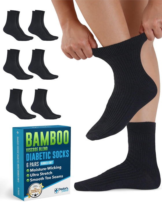 Doctor's Select Bamboo Viscose Diabetic Socks for Women & Men - 6 Pairs Non Binding Viscose Bamboo Socks for Swollen Feet