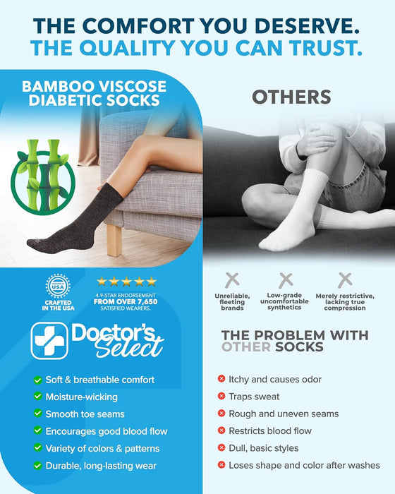 Doctor's Select Diabetic Socks for Women - 6 Pairs Knit Neuropathy Socks for Women, Moisture Wicking Bamboo Viscose, Smooth Toe Seams
