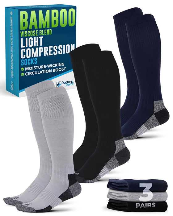 Doctor's Select Bamboo Viscose Light Compression Socks for Women & Men - 3 Pairs, 8-15 mmHg Compression Socks, Knee High