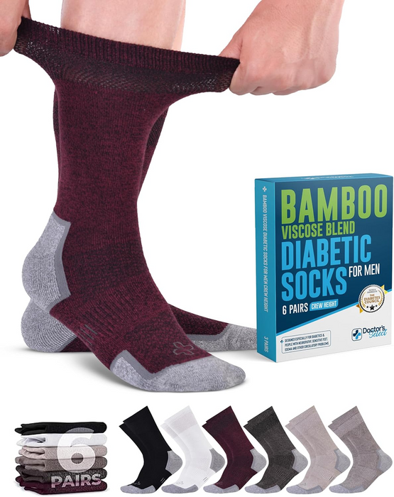 Doctor's Select Bamboo Viscose Diabetic Socks for Men - 6 Pairs Crew Diabetic Neuropathy Socks for Men | Mens Diabetic Socks