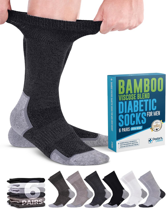 Doctor's Select Bamboo Viscose Diabetic Socks for Men - 6 Pairs Crew Diabetic Neuropathy Socks for Men | Mens Diabetic Socks