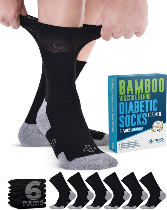 Doctor's Select Bamboo Viscose Diabetic Socks for Men - 6 Pairs Crew Diabetic Neuropathy Socks for Men | Mens Diabetic Socks