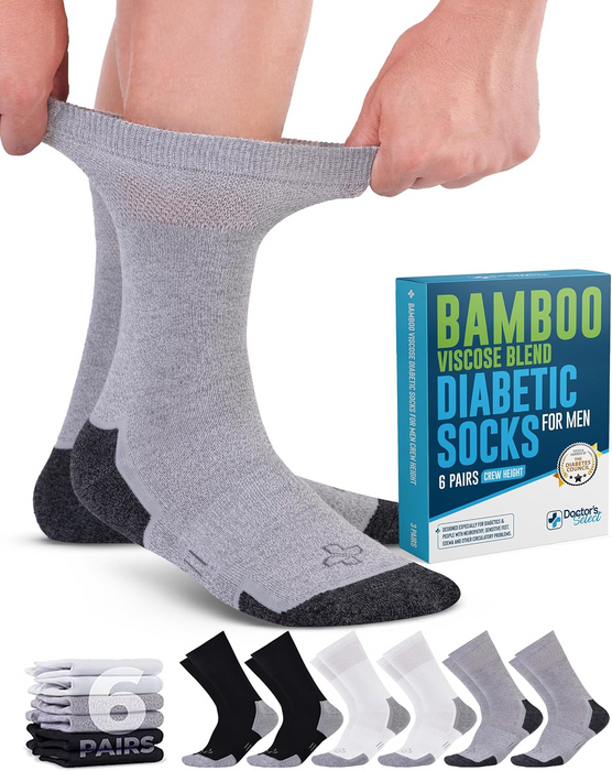 Doctor's Select Bamboo Viscose Diabetic Socks for Men - 6 Pairs Crew Diabetic Neuropathy Socks for Men | Mens Diabetic Socks