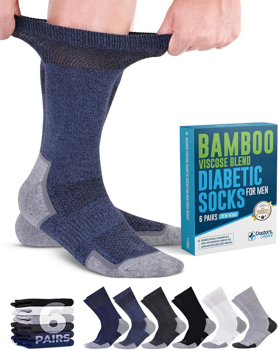 Doctor's Select Bamboo Viscose Diabetic Socks for Men - 6 Pairs Crew Diabetic Neuropathy Socks for Men | Mens Diabetic Socks